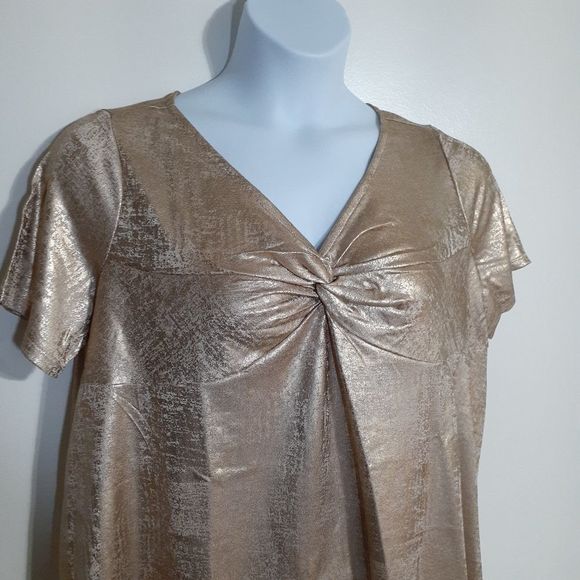 Roaman's Metallic Gold Twist Front Short Sleeve Top 12 NWOT - Picture 2 of 8